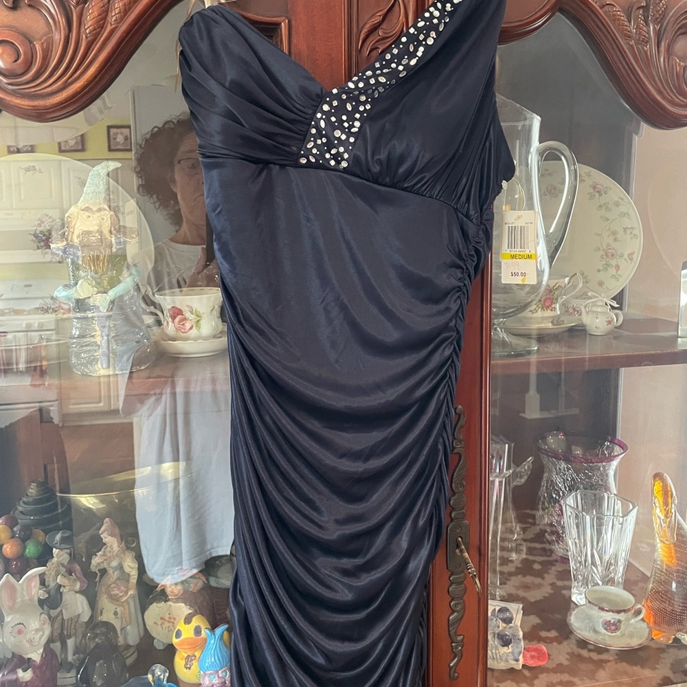 Elegant One-Shoulder Navy Dress with Rhinestones NWT Medium